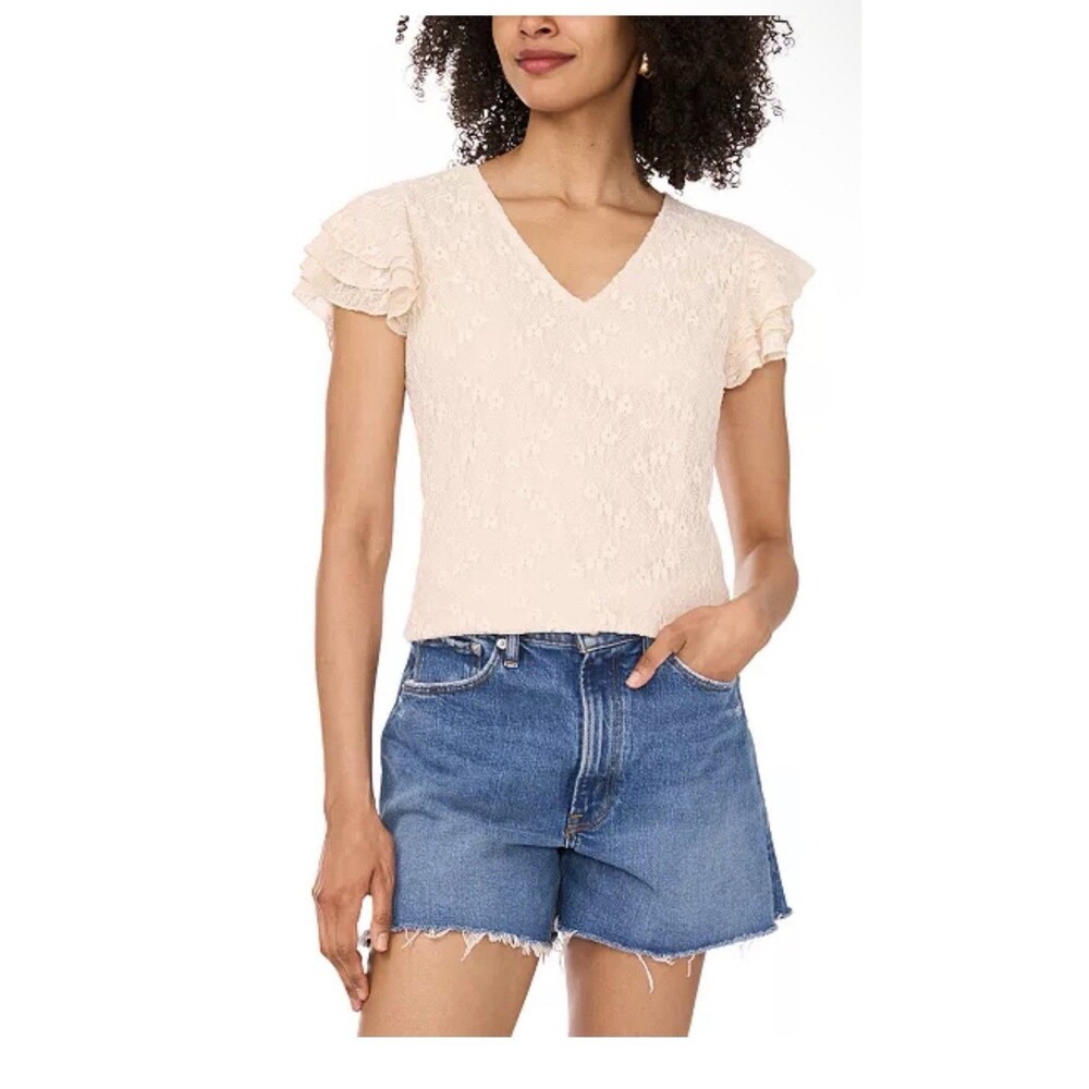 Vince Camuto Ruffled-Sleeve V-Neck Lace Top Size S